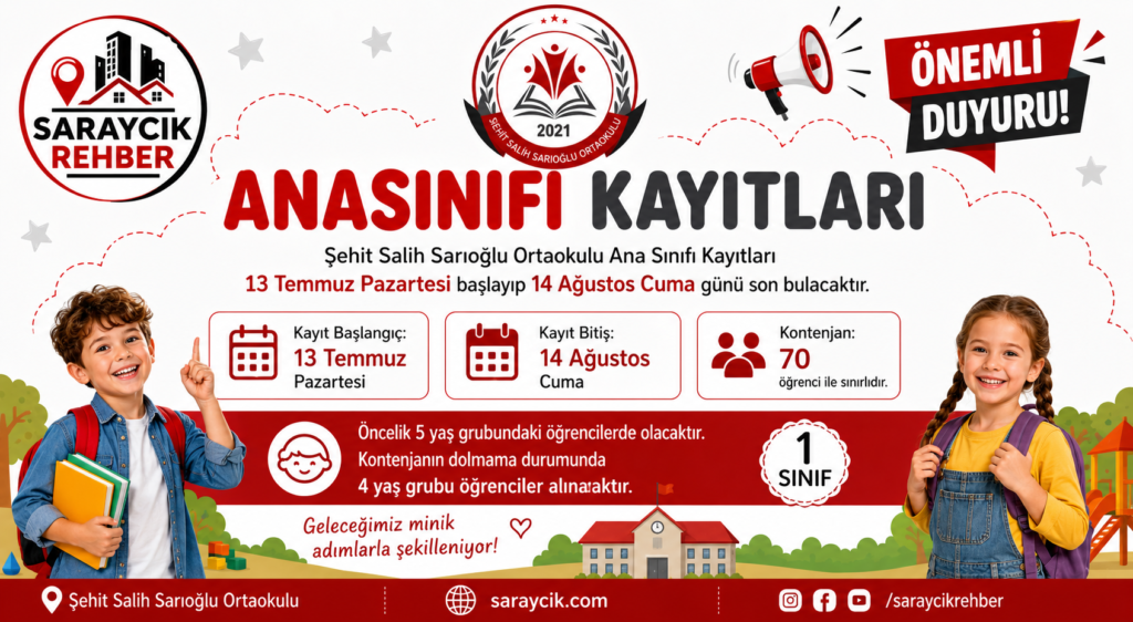 Şehit Salih Sarıoğlu Ortaokulu Anaokulu Kayıtları Başlıyor.